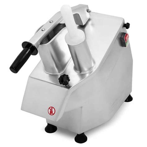 Fotografía técnica de una máquina cortadora de vegetales en acero inoxidable