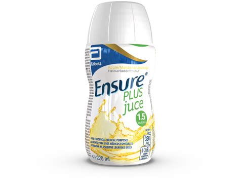Foto de las botellas de Ensure Plus Juce sabor manzana, mostrando el envase y el líquido transparente similar a un zumo.
