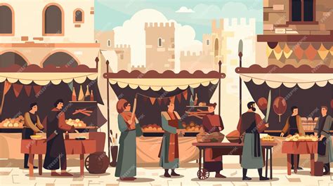 Escena de un mercado medieval con un puesto de panadería, gente comprando y vendiendo productos.