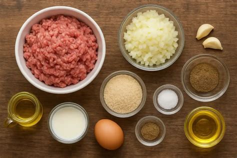 Esquema visual que muestra los ingredientes básicos: carne picada, huevo, especias y salsa de tomate.