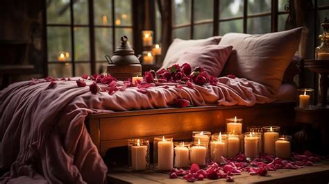 Visualización de una mesa con miel, canela, velas y pétalos de rosa para rituales de amor
