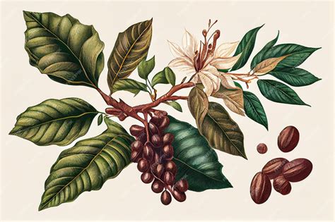 Ilustración de un cafeto con frutos maduros (cerezas de café).