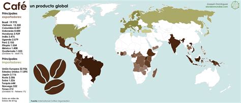 Mapa mundi destacando las principales regiones productoras de café.