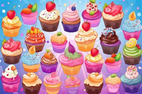 Ilustración colorida de varios cupcakes decorados con diferentes tipos de frosting.
