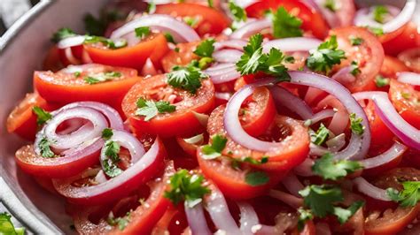 Ingredientes frescos para la ensalada chilena: tomates maduros, cebolla, y un manojo de cilantro.