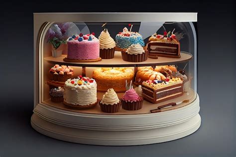 Fotografía profesional de una vitrina de pastelería con diversos postres y tortas artesanales