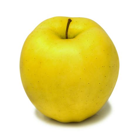 Esquema de las características físicas de una manzana Golden Delicious, incluyendo su forma, color y textura de corte
