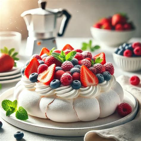 Pavlova decorada con crema y frutos rojos