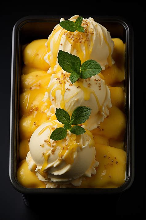 Fotografía de un bol con helado artesanal de piña decorado con trozos de fruta fresca y coco rallado