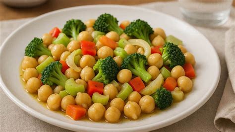Plato de legumbres con marisco en primer plano, con fondo desenfocado de ingredientes frescos