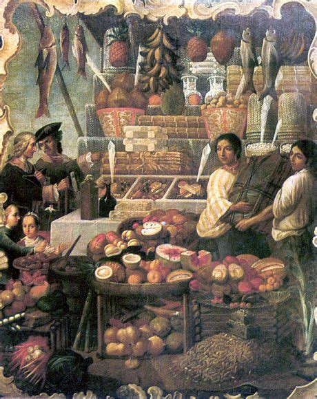 pintura colonial que representa una escena de mercado con panes