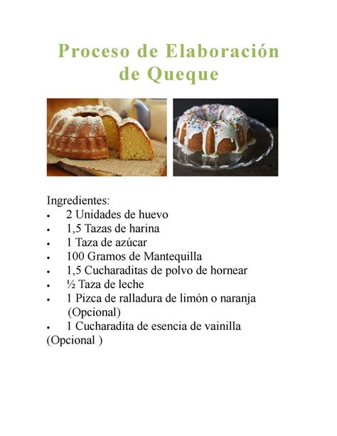 lista de ingredientes para un queque