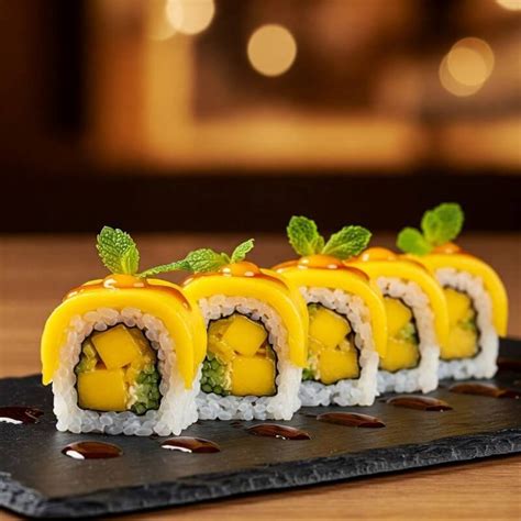 Fotografía de un roll de sushi con mango, destacando su frescura.