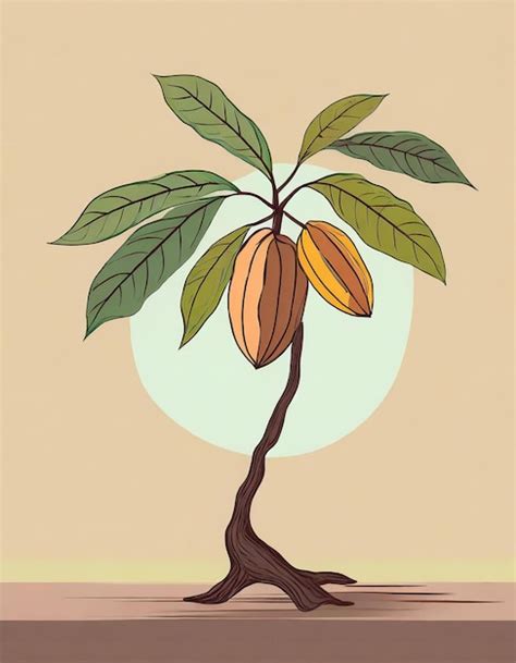 Ilustración de un árbol de cacao con sus mazorcas y granos.