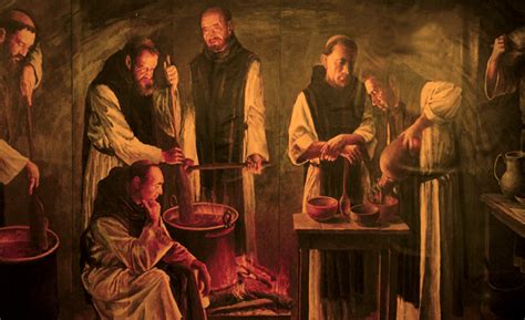 Ilustración de monjes preparando chocolate en un monasterio español.