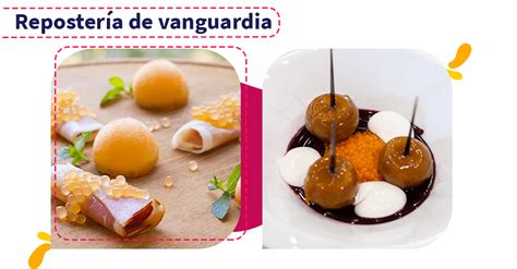 Esquema de las principales técnicas de vanguardia en repostería: esferificación, texturización y decoración avanzada.