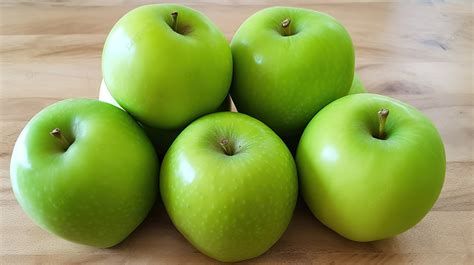 Imagen de una selección de manzanas verdes Granny Smith frescas y brillantes sobre una mesa de cocina.