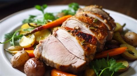 Fotografía de un plato de cerdo asado con rodajas de manzana verde caramelizada como guarnición.