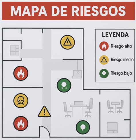 Esquema visual de un mapa de riesgos que clasifica amenazas por niveles (alto, medio, bajo) mediante un código de colores (rojo, amarillo, verde).