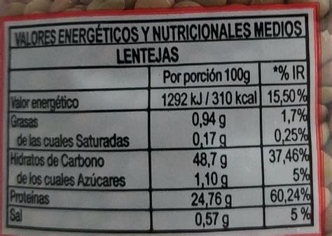 Diseño de una etiqueta de lentejas con información nutricional resaltada