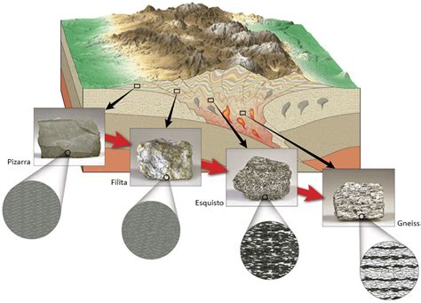 Diagrama de la formación del mármol a partir de rocas sedimentarias por metamorfismo