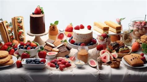 Una mesa llena de postres variados y coloridos, con énfasis en frutas y texturas cremosas.