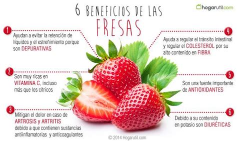 Infografía con los beneficios nutricionales de las fresas: antioxidantes, fibra, bajo en calorías, alto contenido de agua, vitaminas B y C.