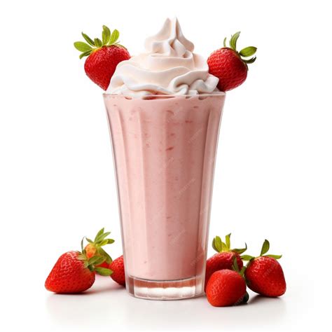 Fotografía de un batido de fresa cremoso servido en un vaso alto, decorado con nata montada y una fresa fresca.