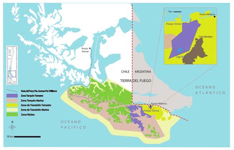 Mapa de la Reserva de la Biosfera Cabo de Hornos con puntos que indican las concesiones salmoneras