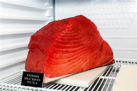 Foto de diferentes cortes de atún rojo fresco en el mercado