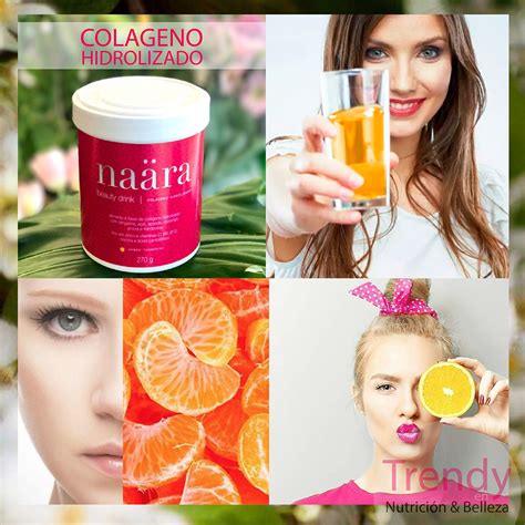Infografía detallada que muestra la composición de Naära Beauty Drink: colágeno, vitaminas y frutas deshidratadas.