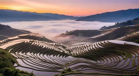 Fotografía de las terrazas de arroz Hani inundadas al amanecer