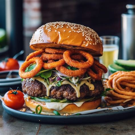 Fotografía detallada de una hamburguesa estilo smashed con papas fritas y aros de cebolla