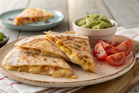 Primer plano de una quesadilla de pollo dorada y crujiente, cortada en triángulos.