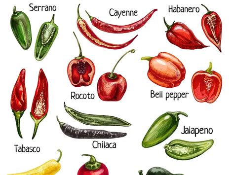 Ilustración de diferentes tipos de chiles utilizados en salsas picantes.