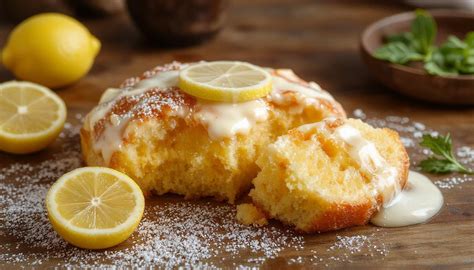 Fotografía de un queque desmoldado con textura húmeda y esponjosa, decorado con ralladura de limón