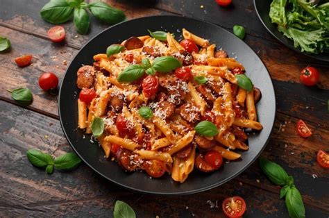 Mesa con ingredientes frescos de la gastronomía italiana: tomates, albahaca, queso parmesano y diferentes tipos de pasta