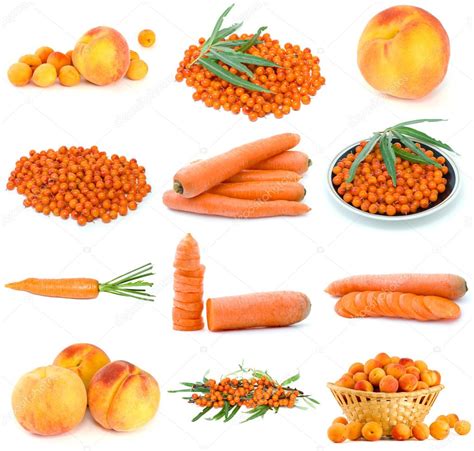 Imagen de frutas y verduras de color naranja y amarillo, como zanahorias, naranjas y mangos.