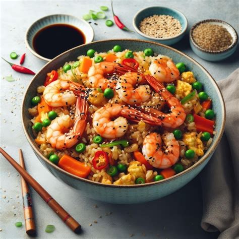 Plato de camarones teriyaki con cebollín y semillas de sésamo, acompañado de arroz blanco.