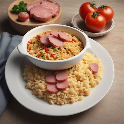 Plato de arroz con mortadela servido, decorado con perejil fresco y listo para consumir