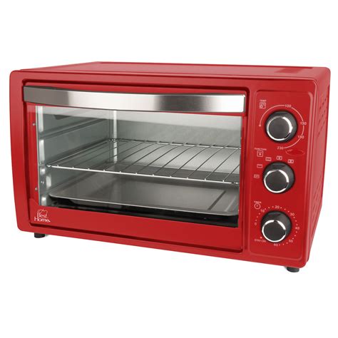 Fotografía de estudio del horno eléctrico rojo mostrando su diseño exterior y panel de control.