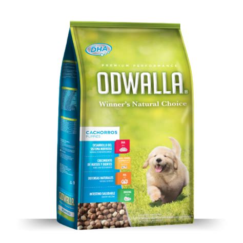 Esquema nutricional mostrando los ingredientes clave de Odwalla Cachorros y sus beneficios directos en el crecimiento del animal.