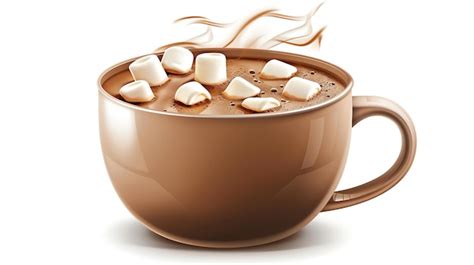 Ilustración de una taza humeante de chocolate caliente con marshmallows flotando en la superficie.