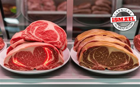 Comparativa visual de carne fresca (rojo brillante) y carne con metamioglobina (café rojizo).