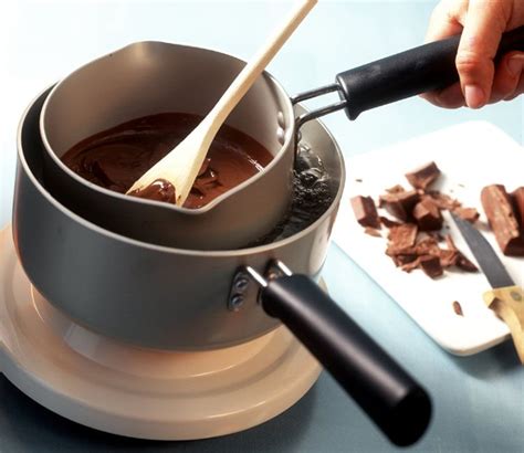 Esquema de las técnicas correctas para fundir chocolate al baño maría manteniendo la temperatura controlada