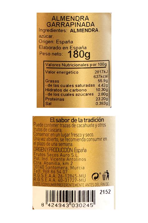 etiqueta de producto de almendras garrapiñadas con sello 