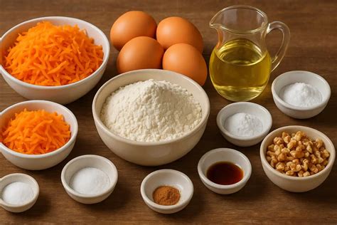 Ilustración de ingredientes para bizcocho de zanahoria: zanahorias frescas, huevos, harina, azúcar, especias.