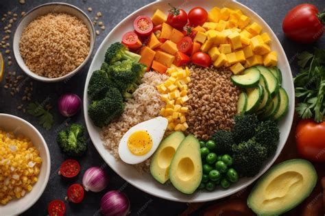 Plato equilibrado con frutas, verduras, proteínas y carbohidratos