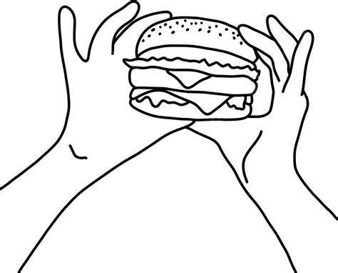 Ilustración vectorial de estilo minimalista que muestra una mano estilizada sosteniendo una hamburguesa con líneas precisas y alto contraste en blanco y negro