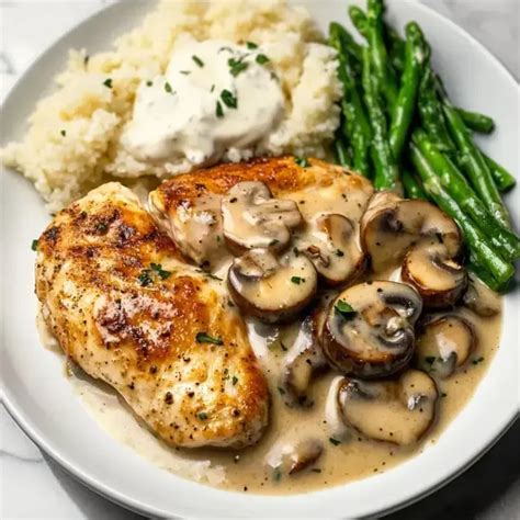 Plato de pollo cremoso con champiñones servido con guarnición